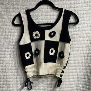 Industry black white knit checker 3D flowers side tie sweater tank